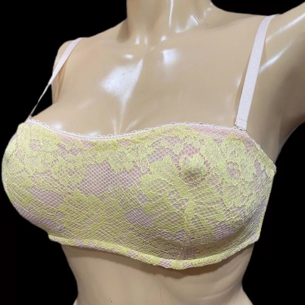 Victorias Secret strapless lace underwire bandeau bralette bra yellow beige 36C